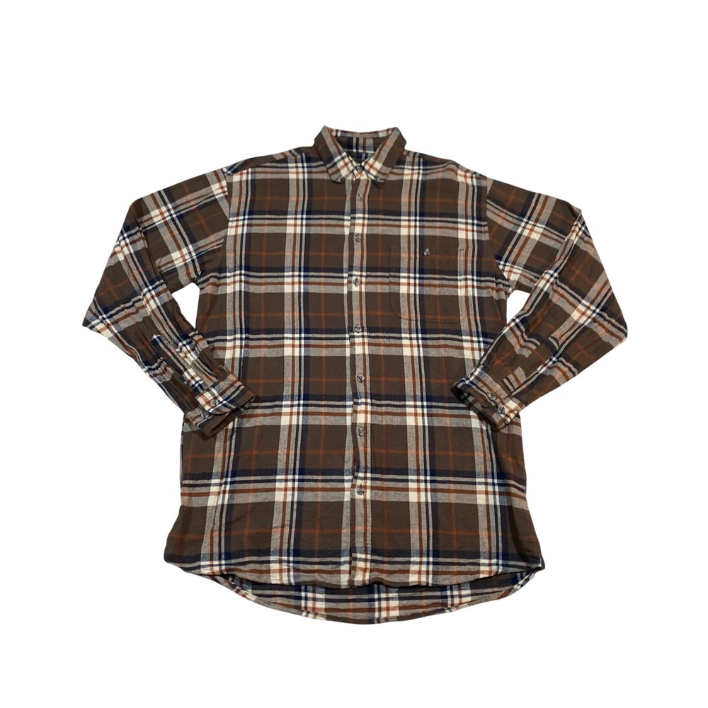Work n Sport Mens LT Brown Plaid Flannel Button Down Shirt 100% Cotton Tall